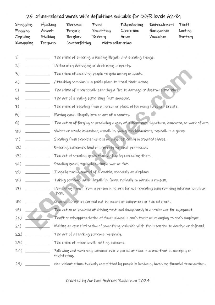 Match the crime words to their definitions