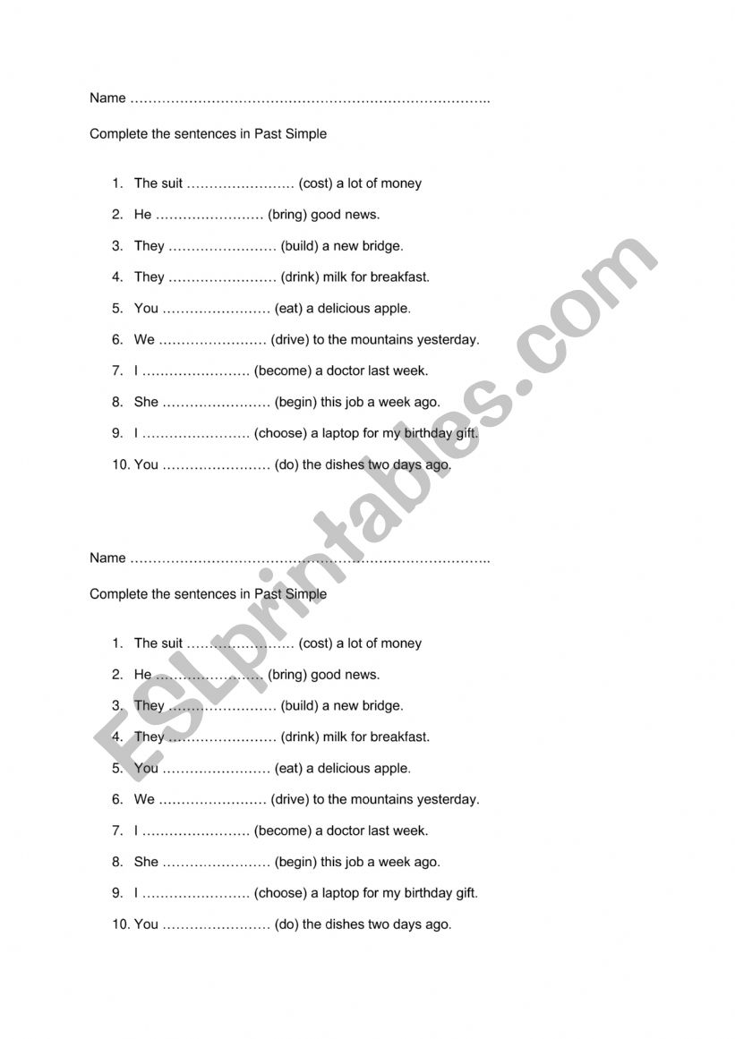 Past Simple irregular verbs worksheet