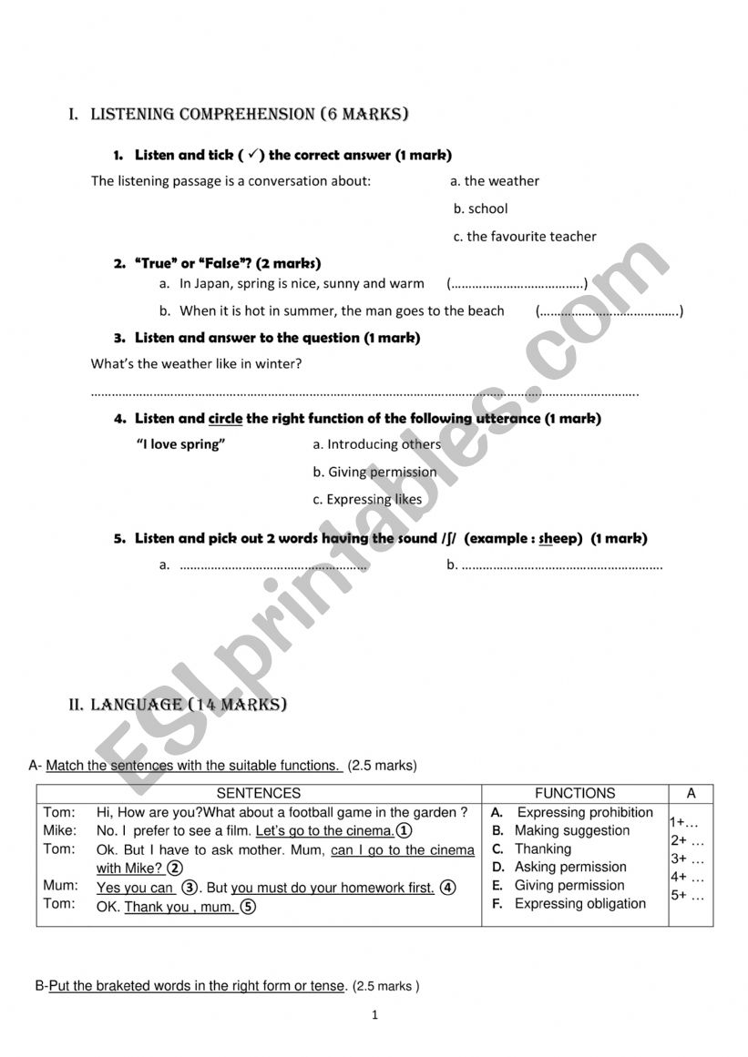 Mid-term test2-7th form worksheet