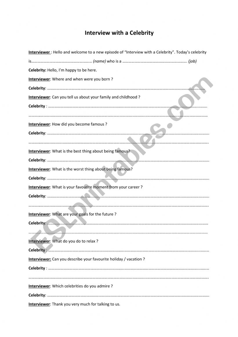 Interview with a celebrity worksheet