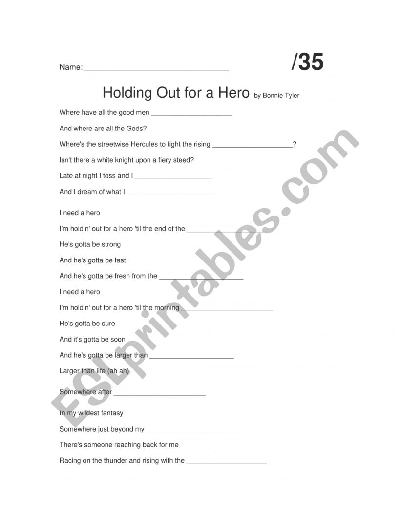 Holding Out For a Hero worksheet