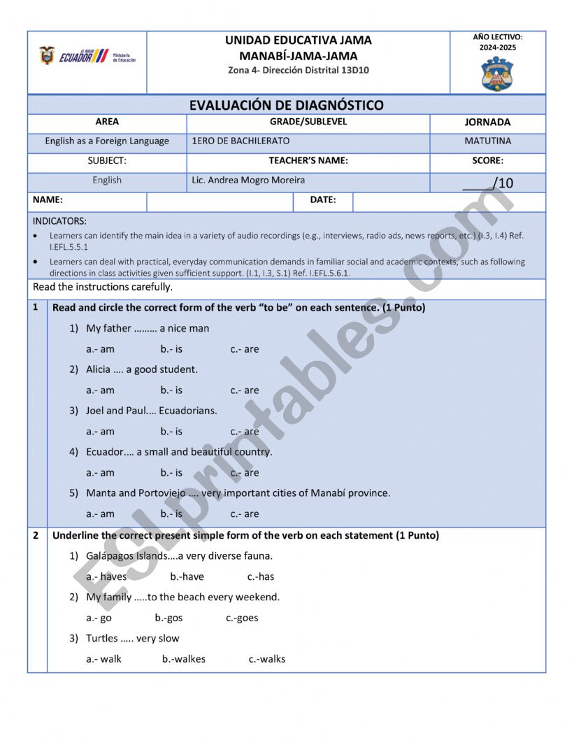 Evaluacion de diagnstico  worksheet