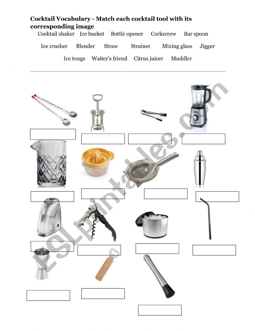 Cocktail Tools Vocabulary worksheet