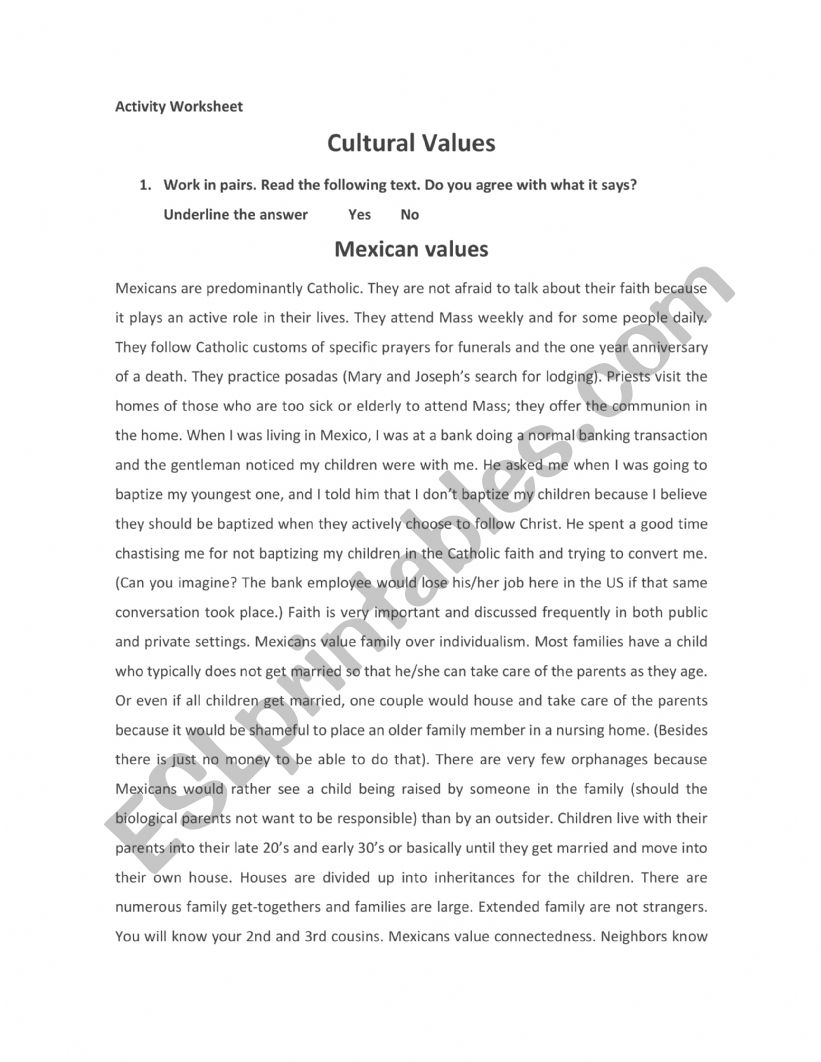 Cultural Values worksheet