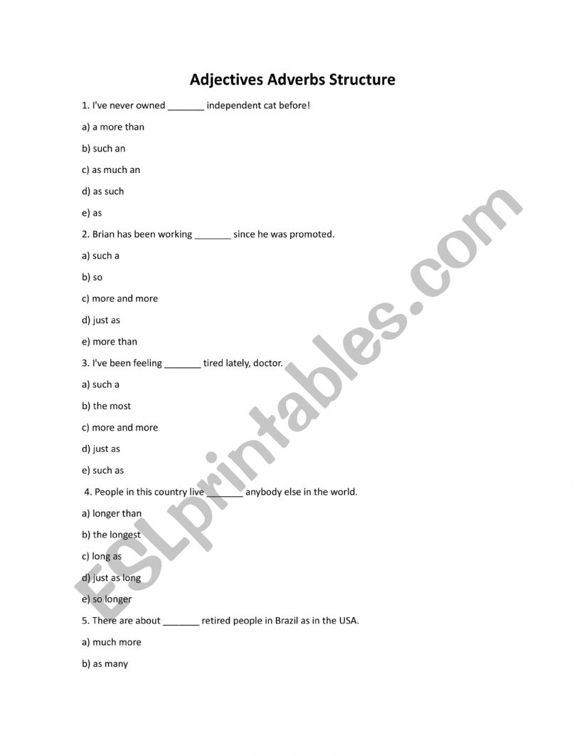 Adjectives Adverbs Structure worksheet