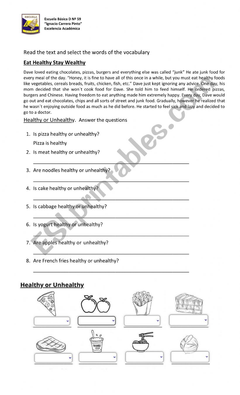Healthy and unhealthy worksheet