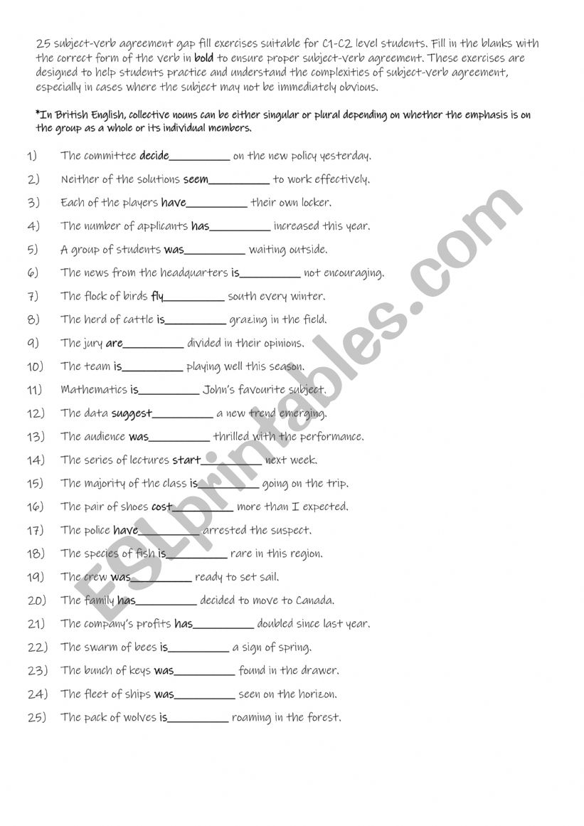 25 subject-verb agreement gap fill exercises suitable for C1-C2 