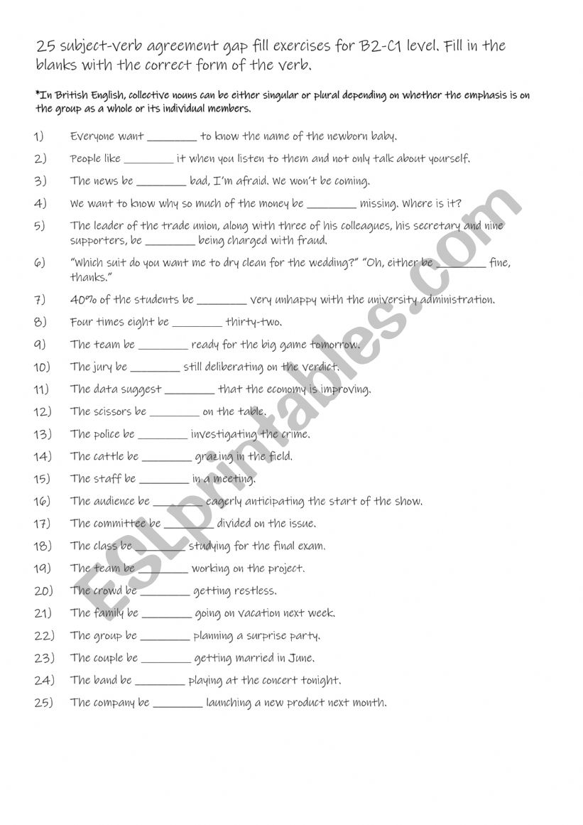 25 subject-verb agreement gap fill exercises for B2-C1 level. 