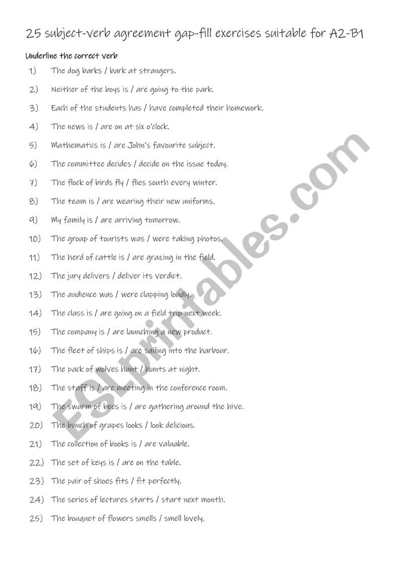 25 subject-verb agreement gap-fill exercises suitable for A2-B1 