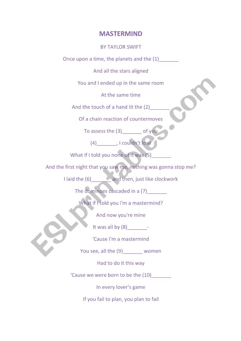 MASTERMIND by Taylor Swift worksheet