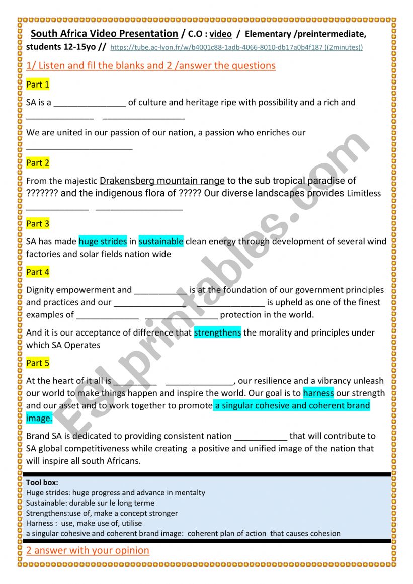 South Africa -culture, history, appartheid. Worksheet with listening and writing