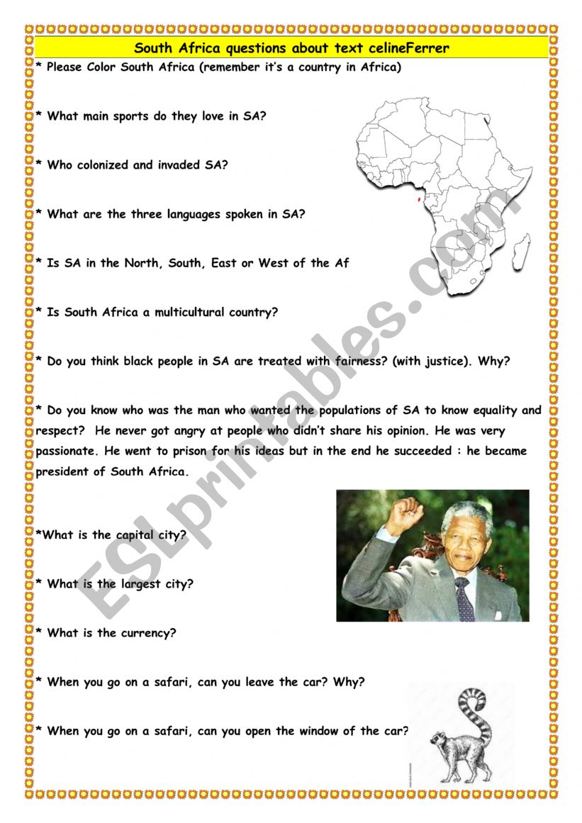 South Africa :  Reading comprhension and quizz