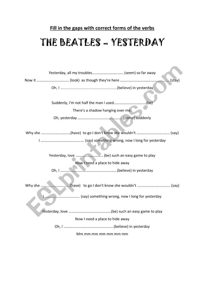 THE BEATLES – YESTERDAY - ESL worksheet by nicovill1996