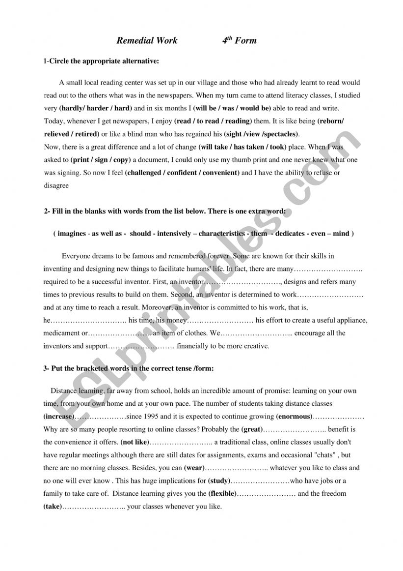 Remedial work 4th Form worksheet