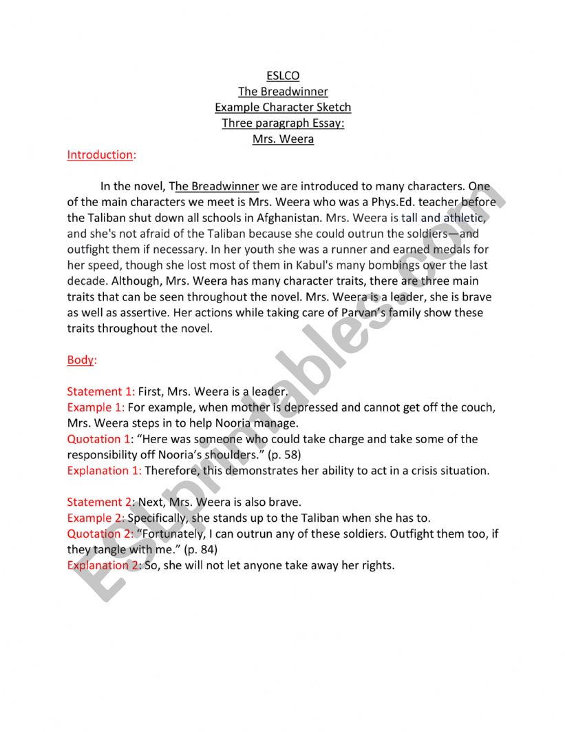 The Breadwinner 3 paragraph essay example