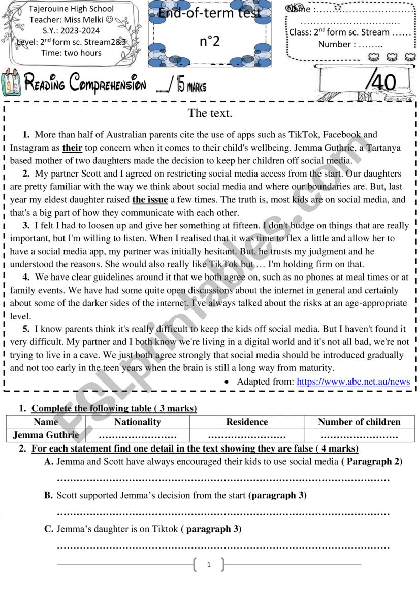 end term test 2nd form worksheet