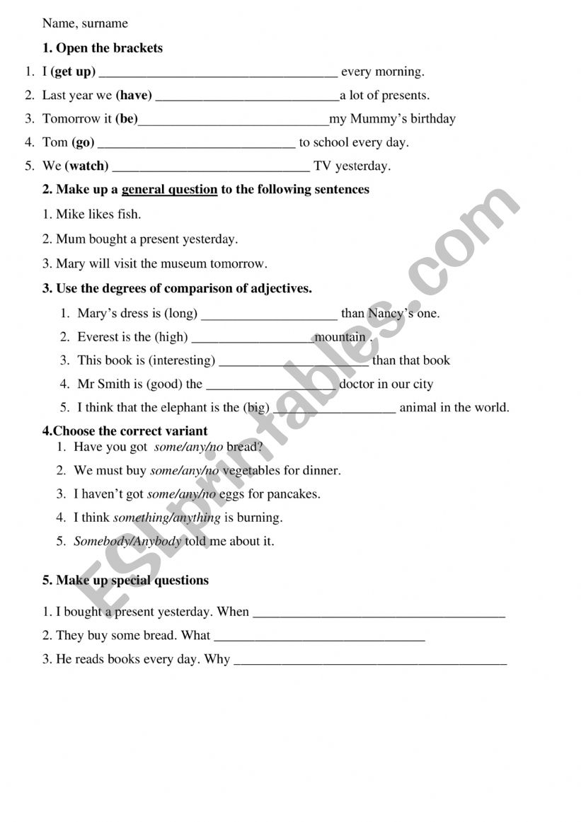 End of Year test  worksheet