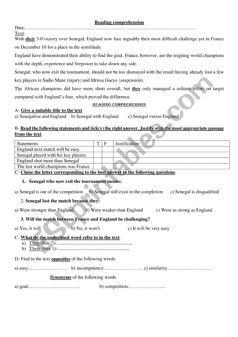 Reading comprehension worksheet