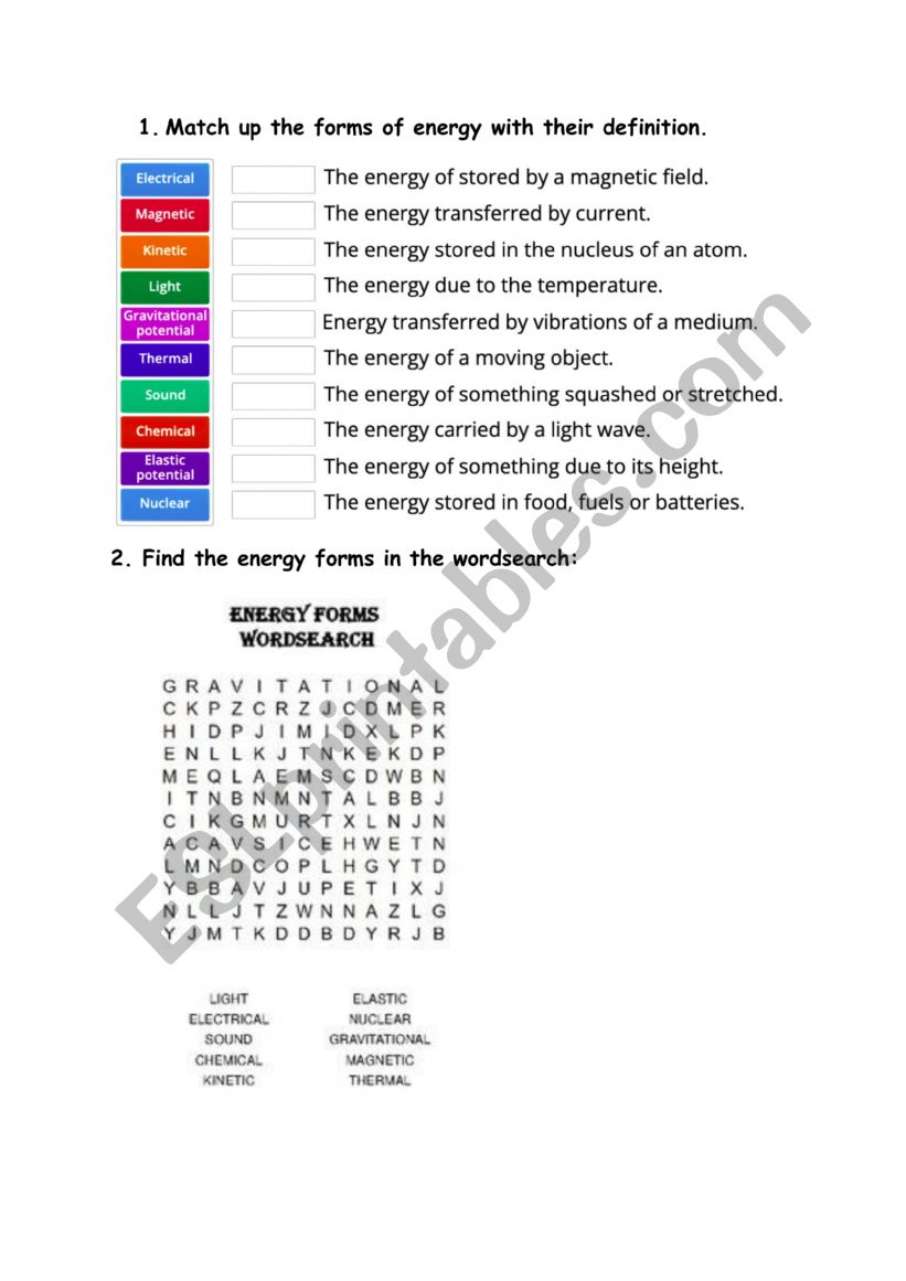 Forms of Energy  worksheet