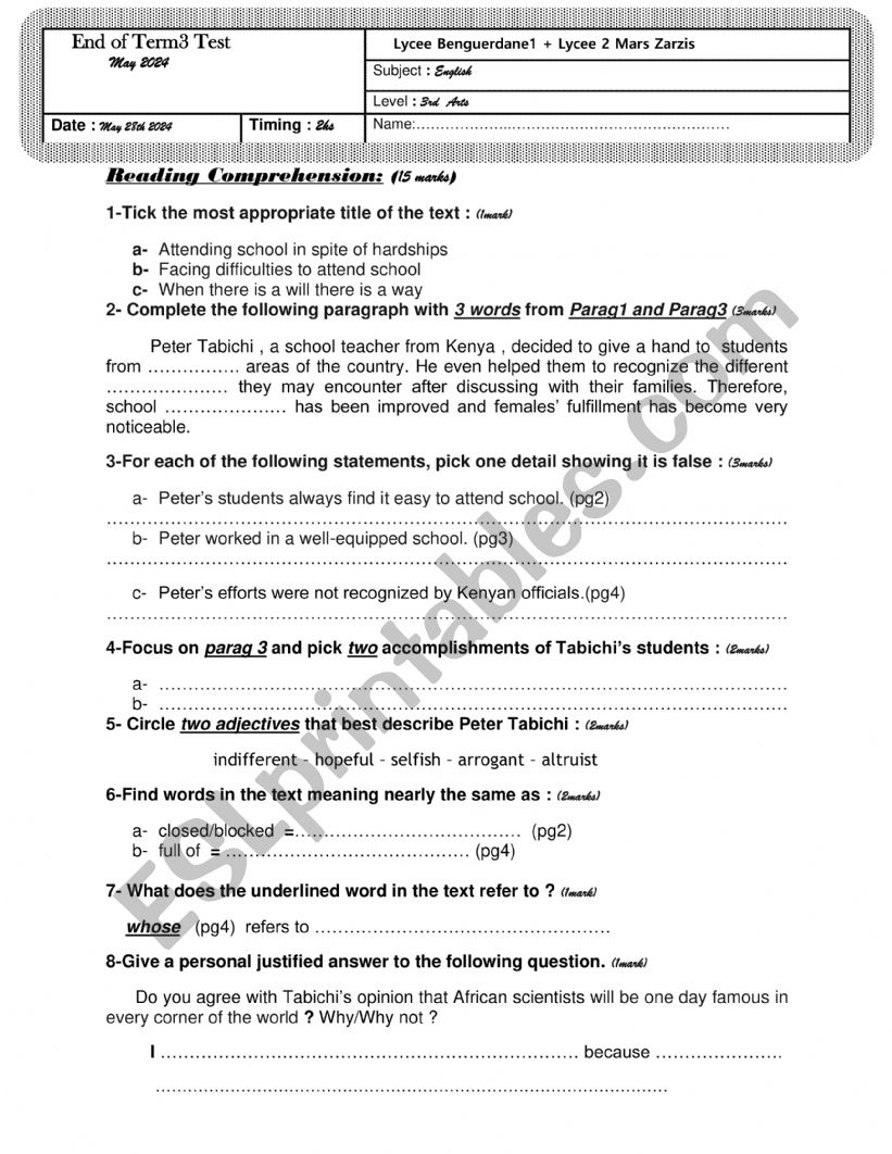 3rd Arts Full Term3 TEST worksheet