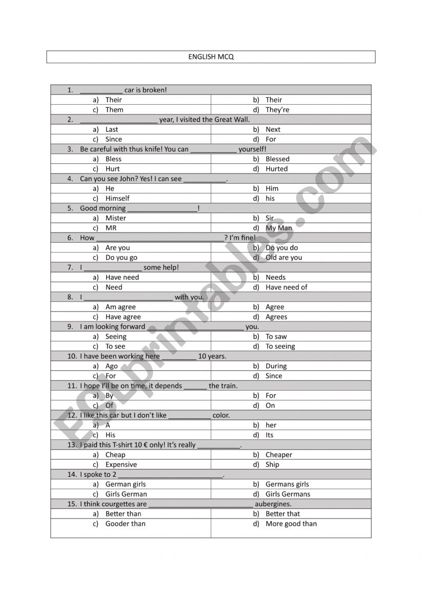 MCQ worksheet