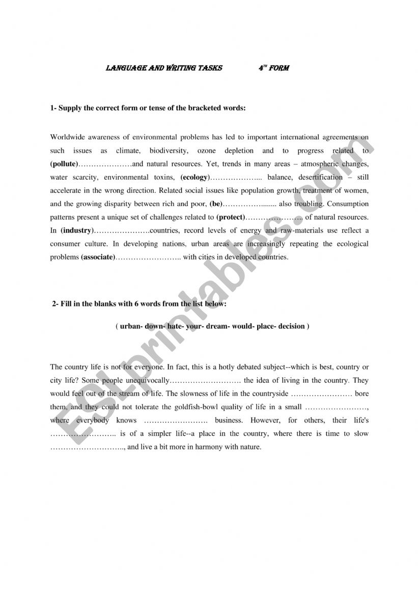 Language and Writing Tasks worksheet