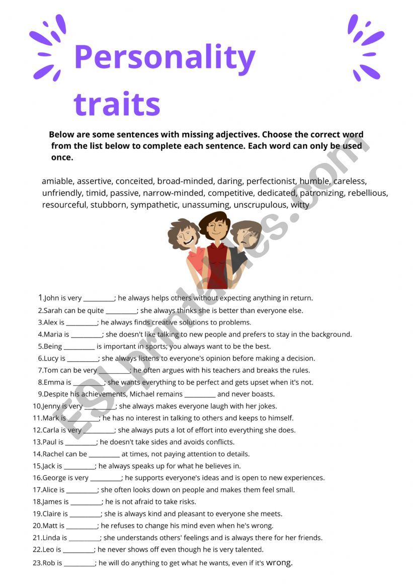 Personality traits worksheet