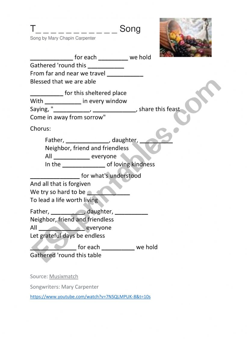 Thanksgiving song gapfill worksheet