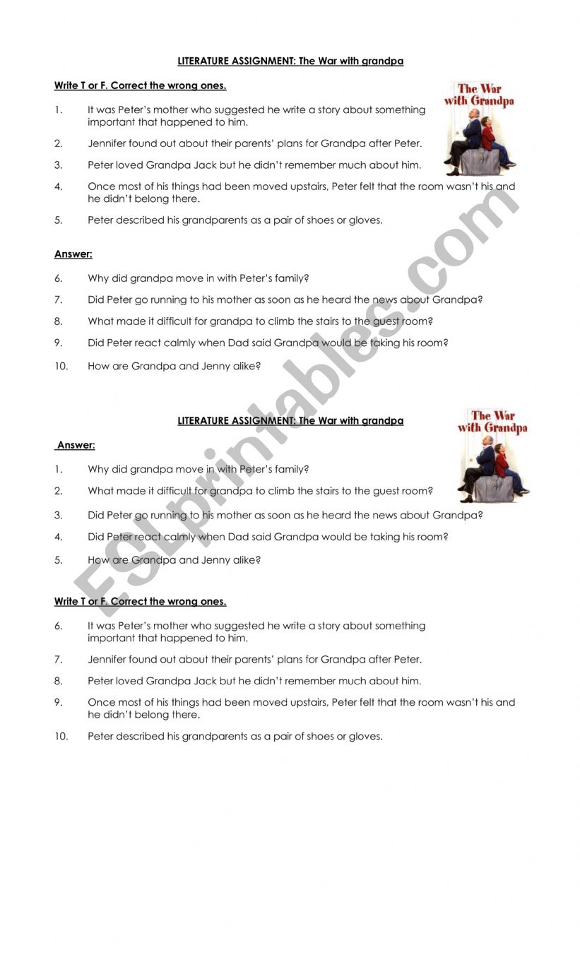 A war with grandpa worksheet