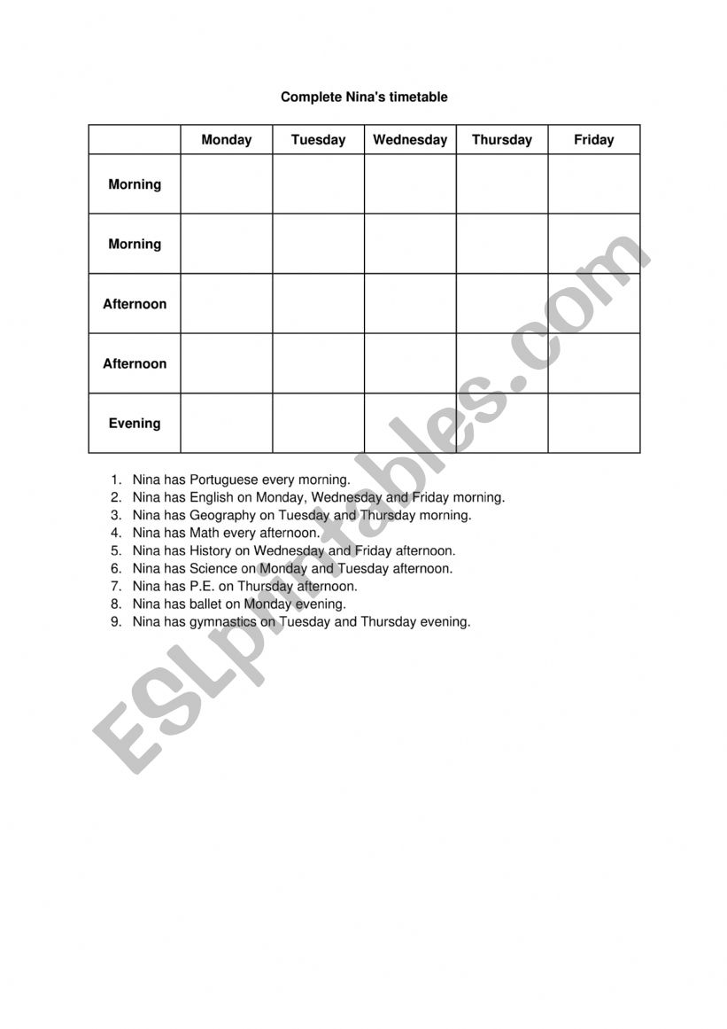 Timetable / Schedule worksheet