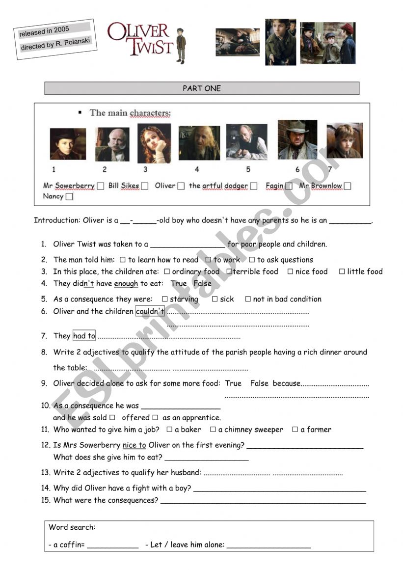 Oliver Twist by Polanski worksheet part 1