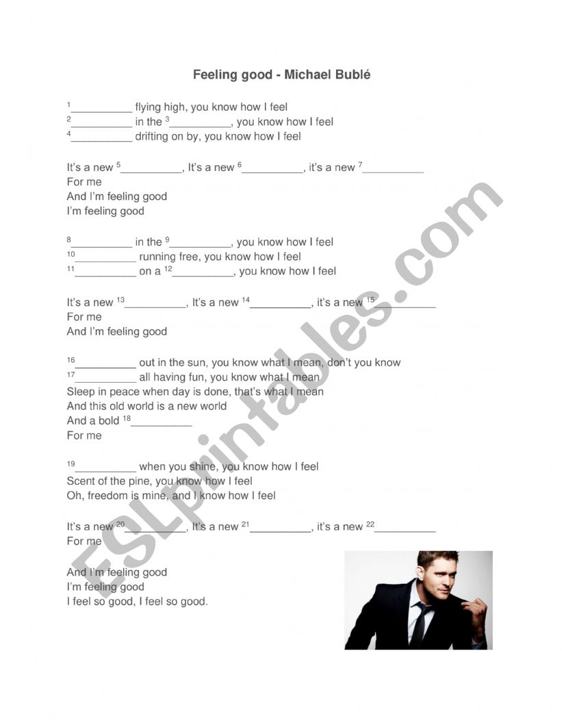 Feeling good by Michael Bublé Song Worksheet (For begginers) - ESL ...