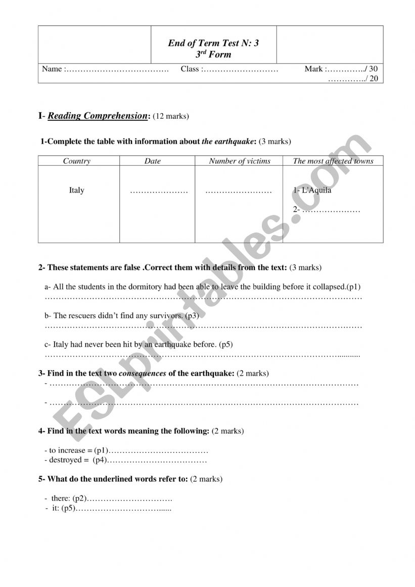 End of Term Test worksheet