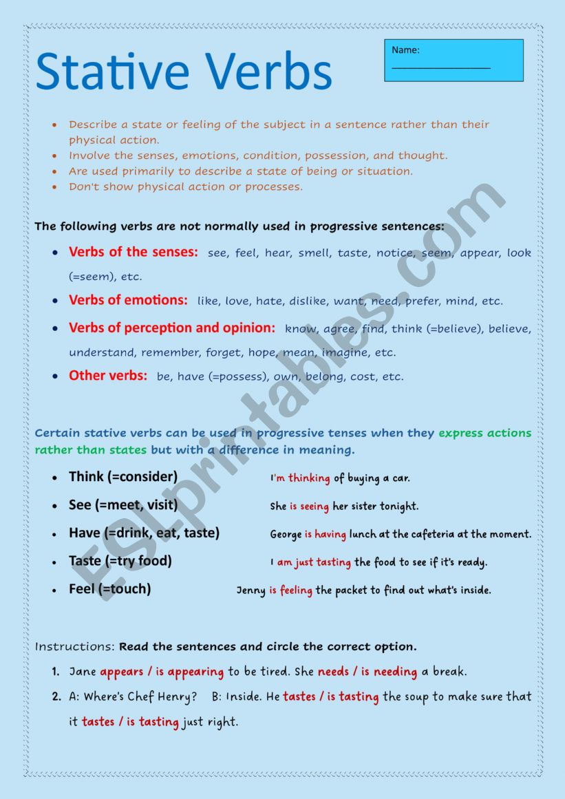 Stative Verbs worksheet