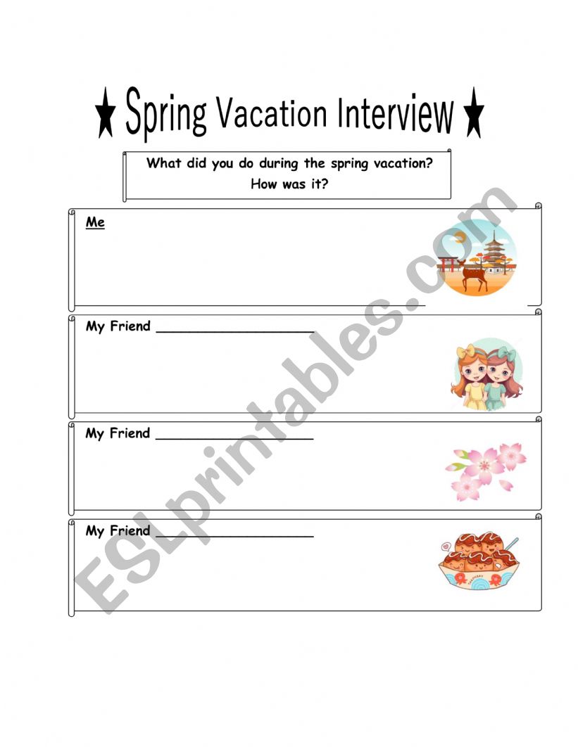 Spring Vacation Worksheet suitable for Elementary to Intermediate. (Editable)