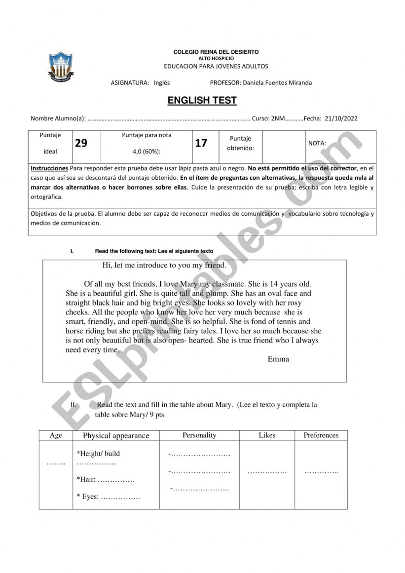 Describing people worksheet