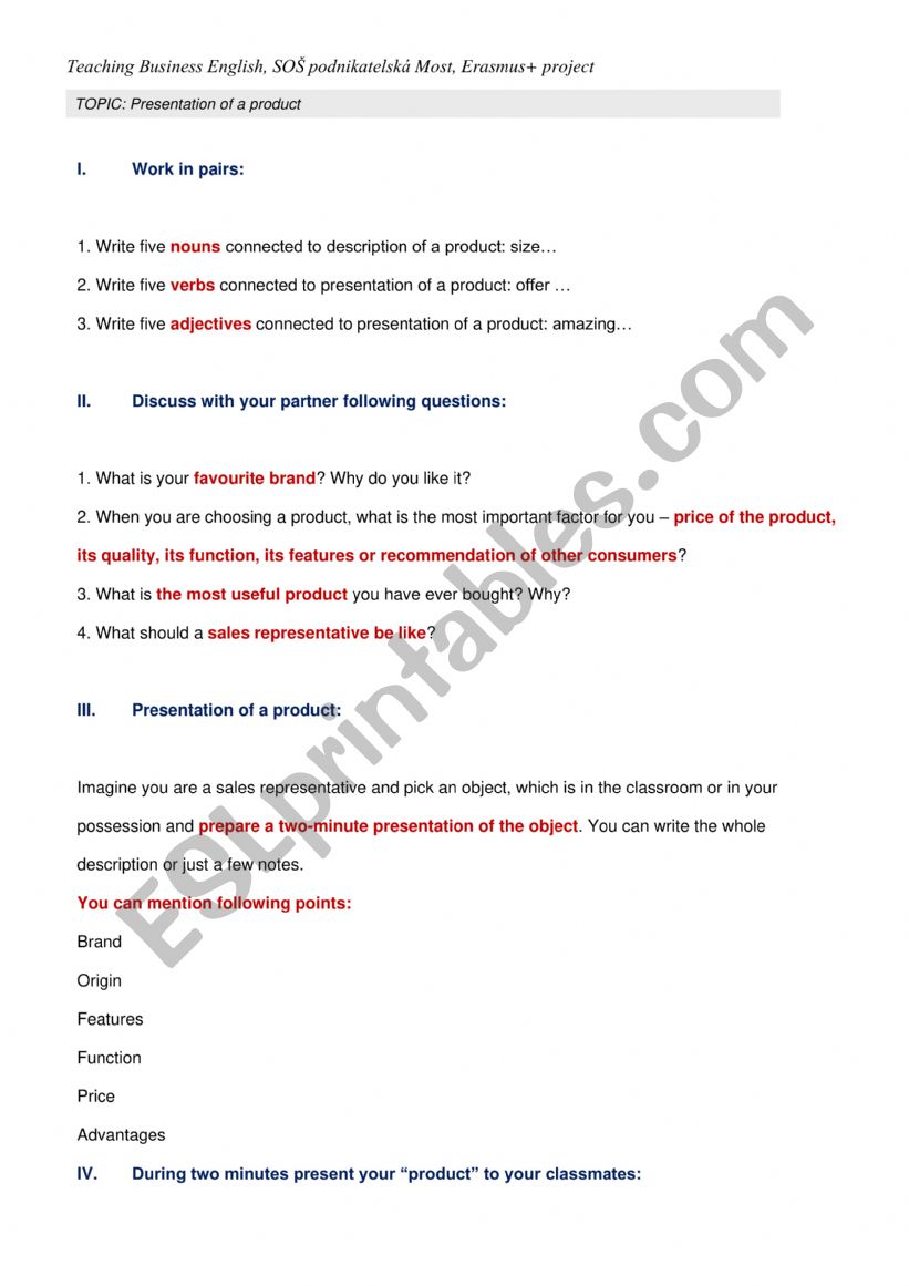 Presentations of a Product worksheet