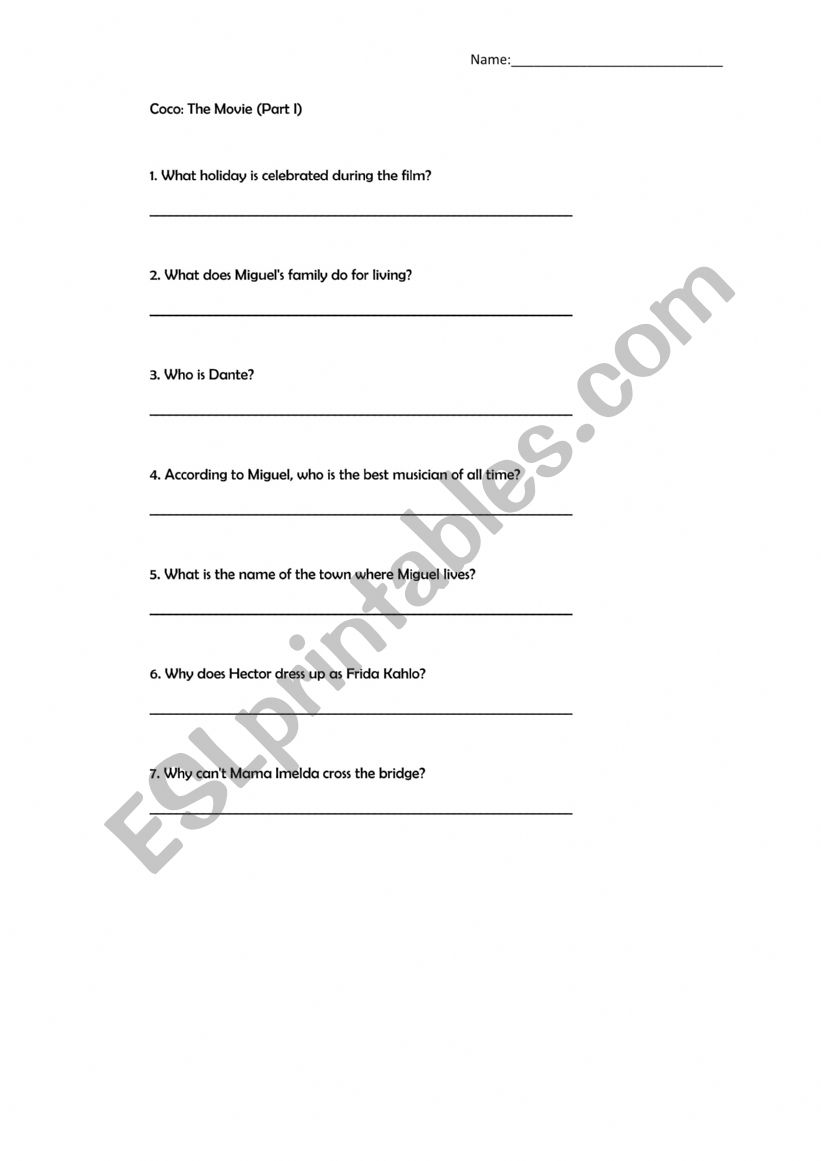 Coco: the movie (Part I) worksheet