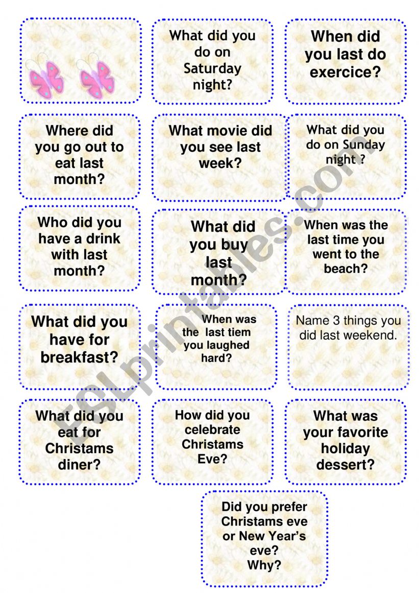 Simple past speaking cards worksheet