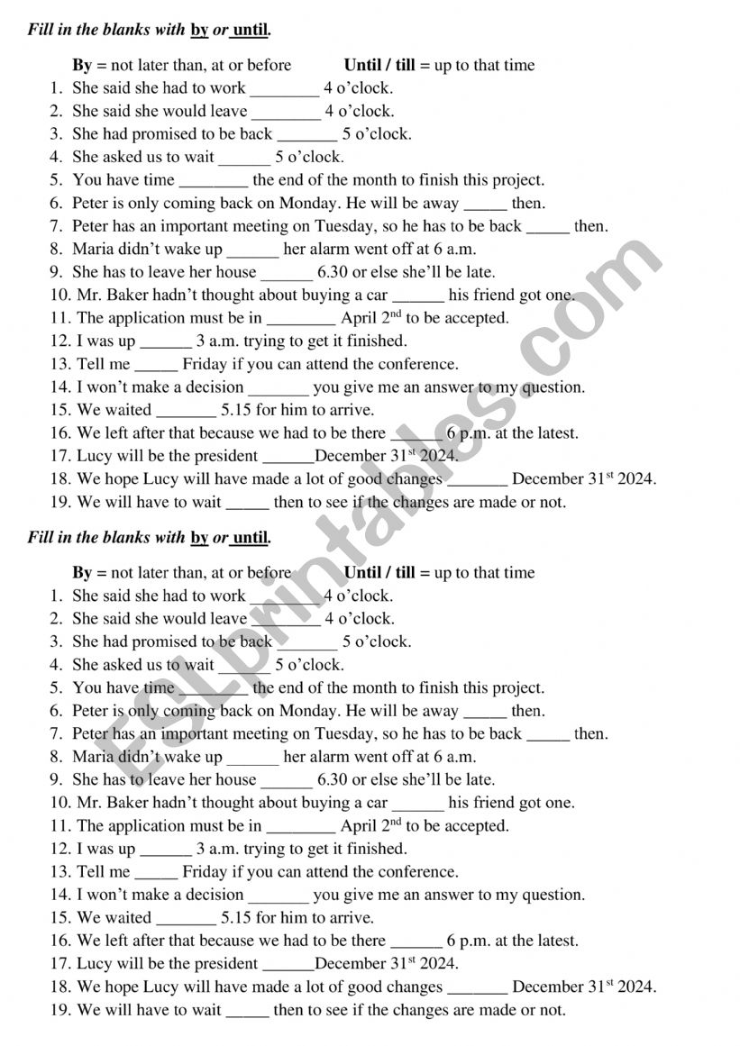 by or until/ till - ESL worksheet by JaneSweety