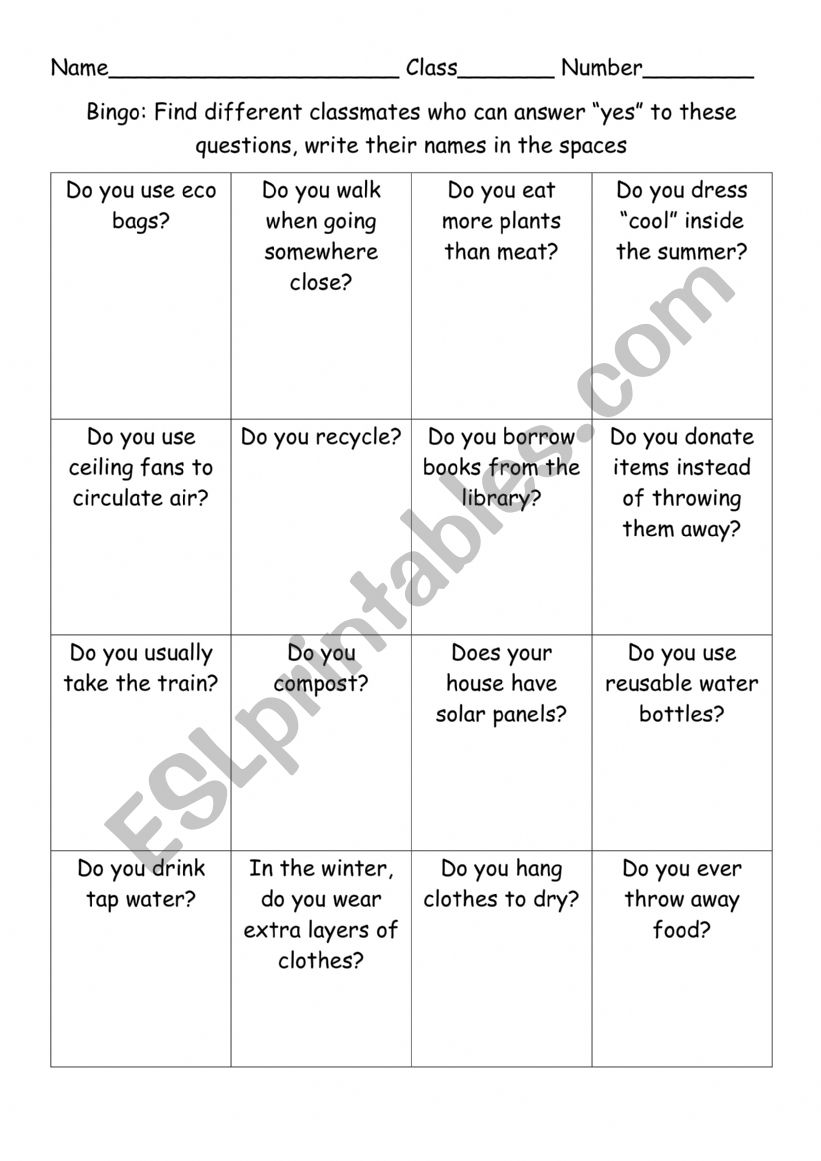 Eco Bingo worksheet