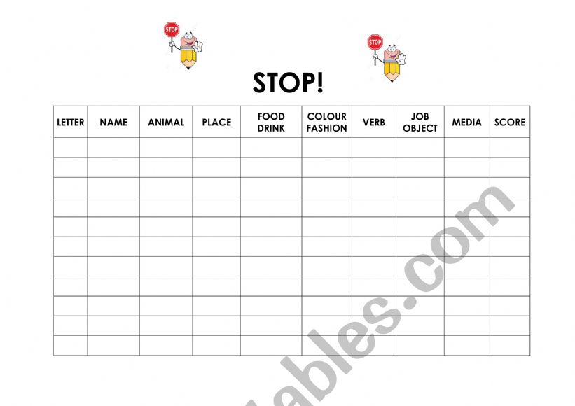 Stop - categories game worksheet