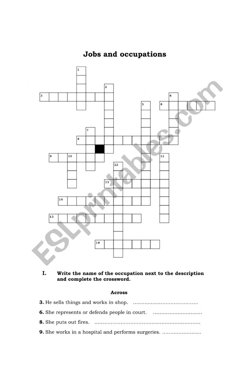 Jobs & Occupations crossword worksheet