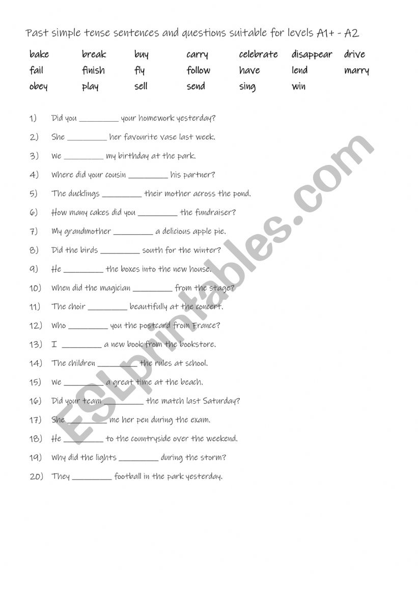 Past simple tense sentences and questions suitable for levels A1+ - A2 