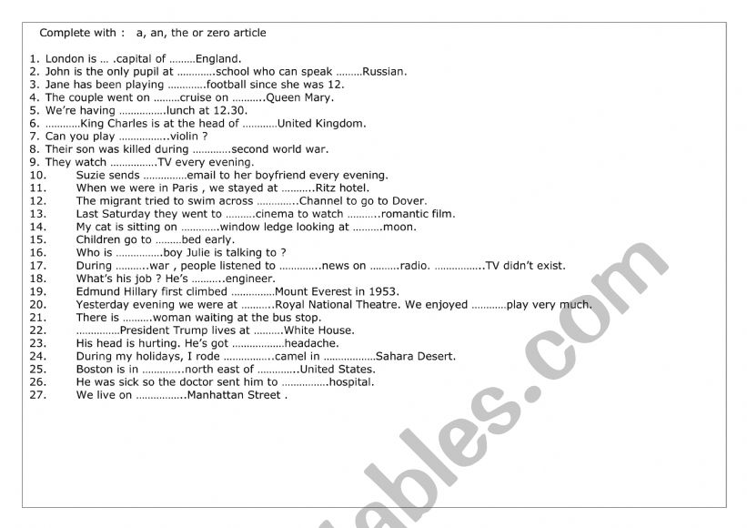 A an the or zero article?  worksheet