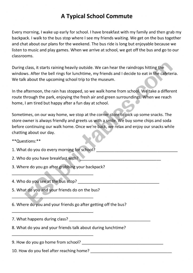 A TYPICAL SCHOOL COMMUTE worksheet