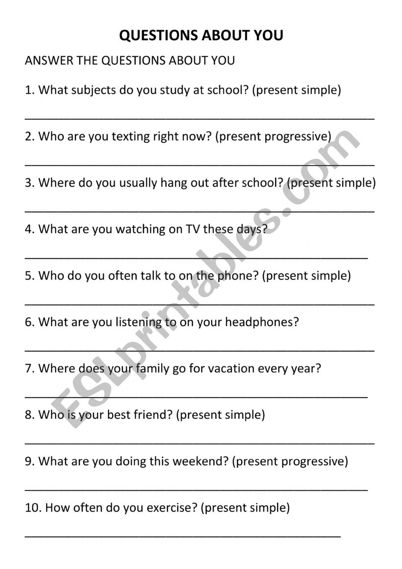 QUESTIONS ABOUT YOU worksheet