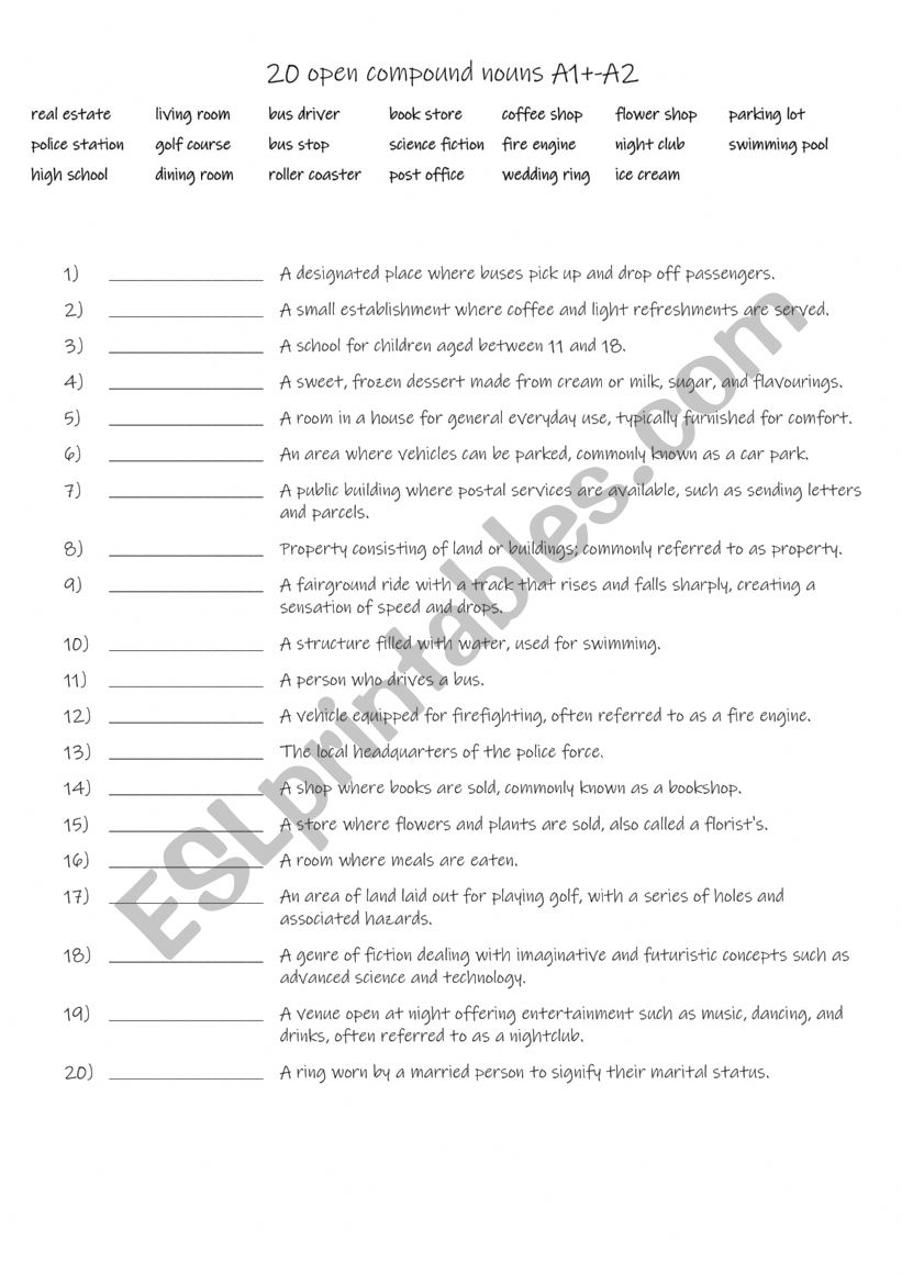 20 open compound nouns  worksheet