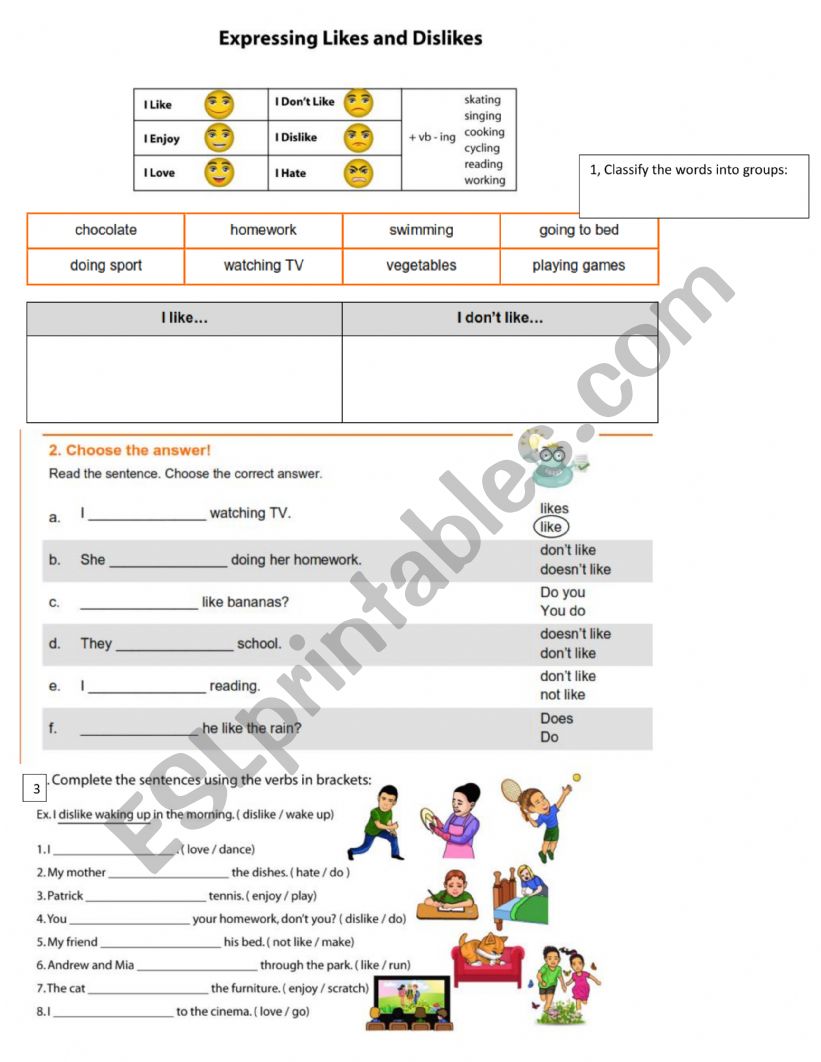 Like and Dislikes worksheet