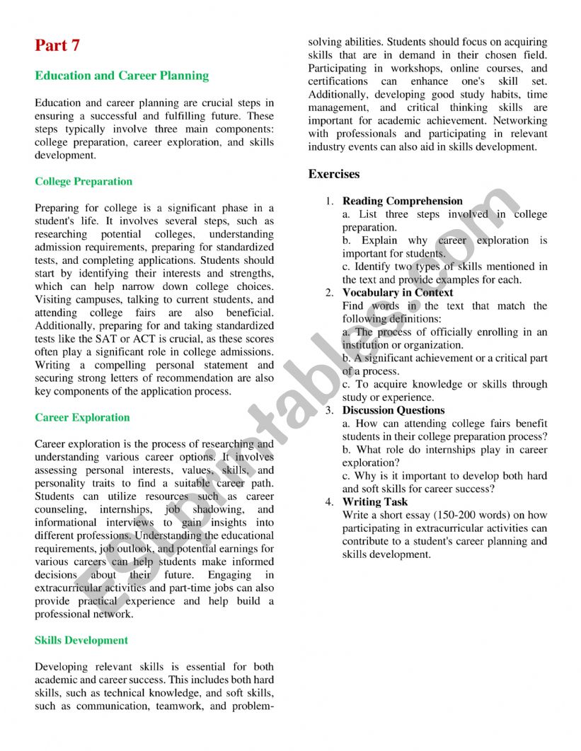 Education and Career Planning worksheet